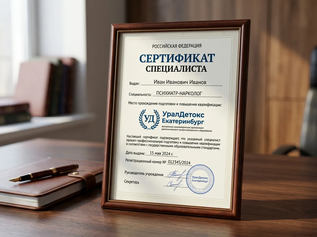 Сертификат специалиста психиатра-нарколога УралДетокс Екатеринбург — документ о прохождении профессиональной подготовки и повышении квалификации