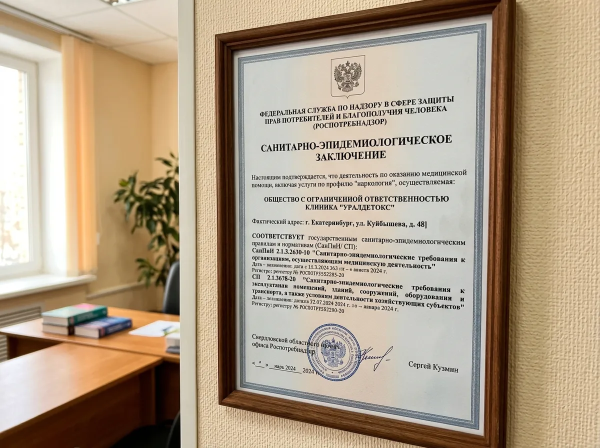 Санитарно-эпидемиологическое заключение Роспотребнадзора для наркологической клиники УралДетокс Екатеринбург — соответствие санитарным нормам СанПиН