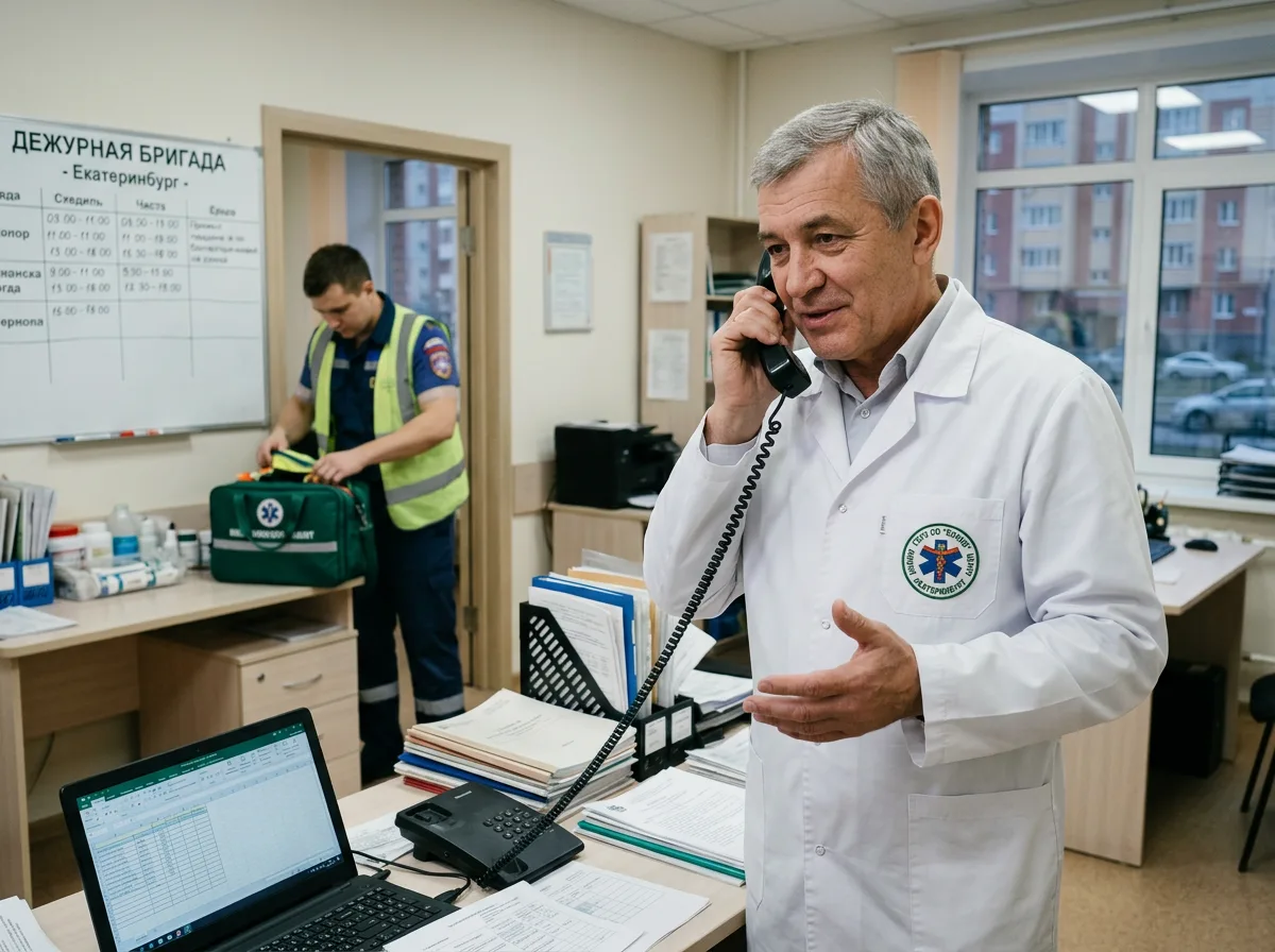 Наркологический врач в белом халате разговаривает по телефону, дежурный специалист готов к выезду на дом в Екатеринбурге, профессиональная медицинская обстановка
